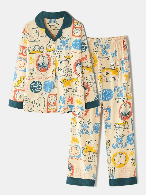 women-cartoon-dog-print-camp-collar-long-sleeve-elastic-waist-cotton-pajama-set