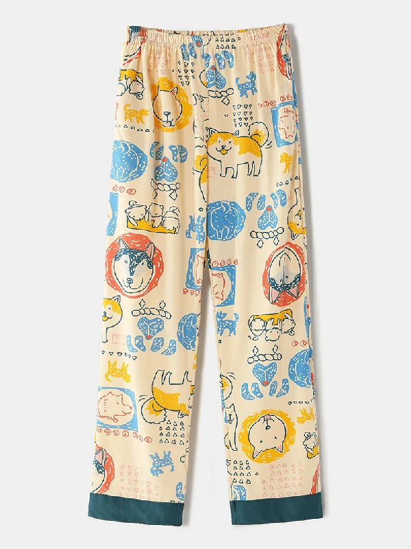 women-cartoon-dog-print-camp-collar-long-sleeve-elastic-waist-cotton-pajama-set