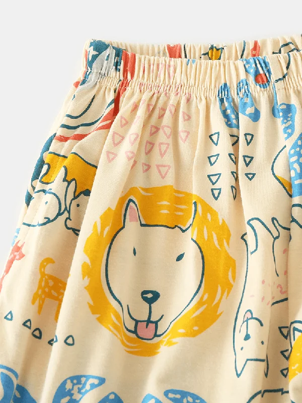 women-cartoon-dog-print-camp-collar-long-sleeve-elastic-waist-cotton-pajama-set