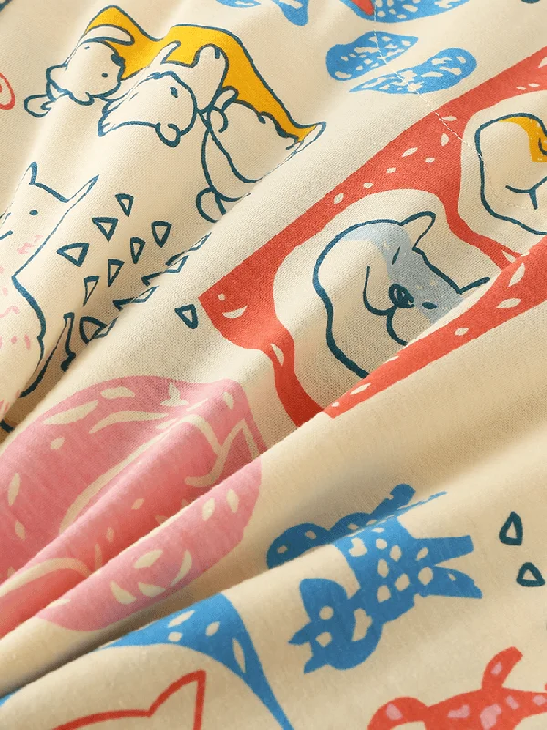 women-cartoon-dog-print-camp-collar-long-sleeve-elastic-waist-cotton-pajama-set