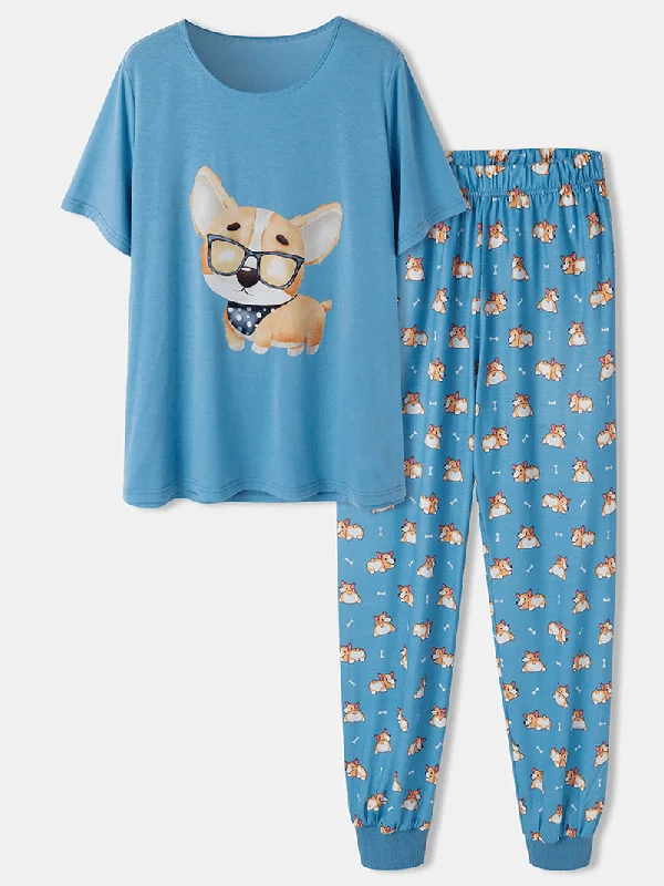 Women Cartoon Dog Print Short Sleeve Cute Cuffed Pants Pajamas Sets