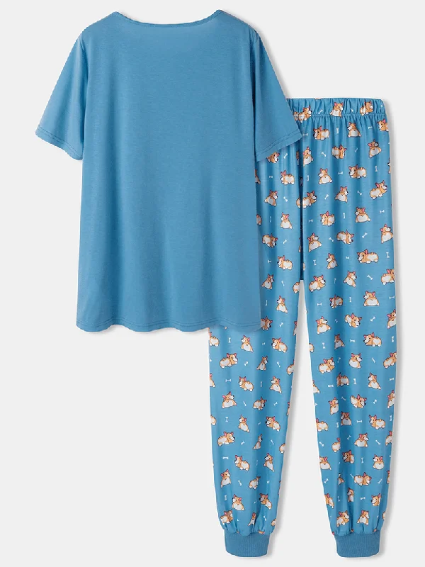 women-cartoon-dog-print-short-sleeve-cute-cuffed-pants-pajamas-sets