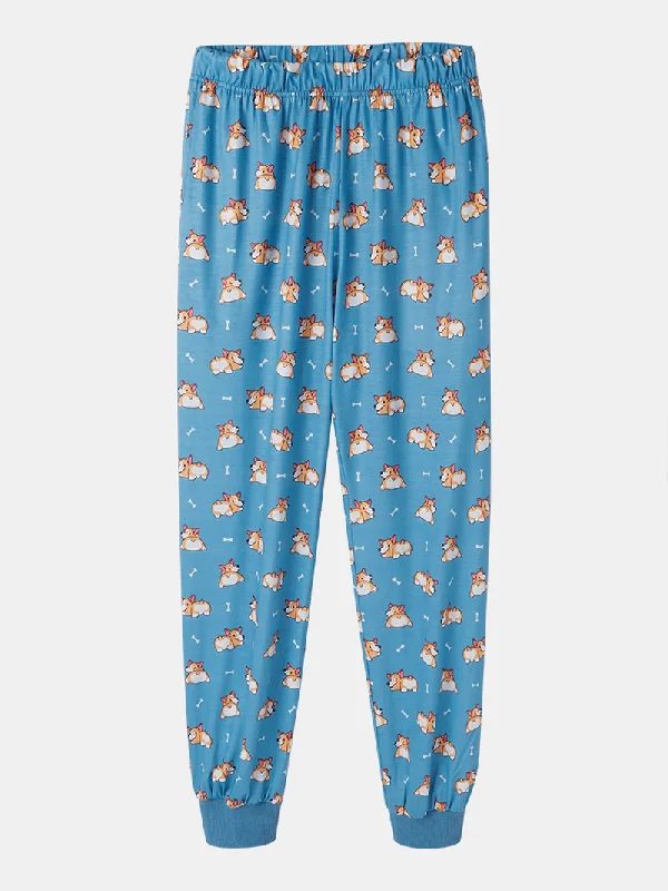 women-cartoon-dog-print-short-sleeve-cute-cuffed-pants-pajamas-sets