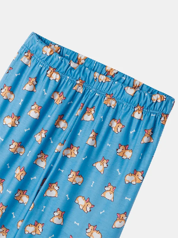 women-cartoon-dog-print-short-sleeve-cute-cuffed-pants-pajamas-sets