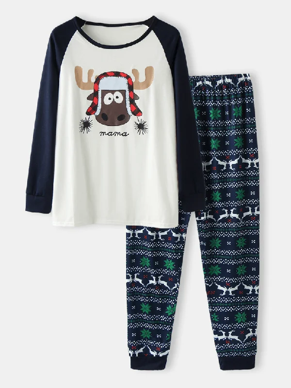 Women Cartoon Elk Print Raglan Sleeves Top Print Elastic Waist Pants Home Christmas Pajama Set