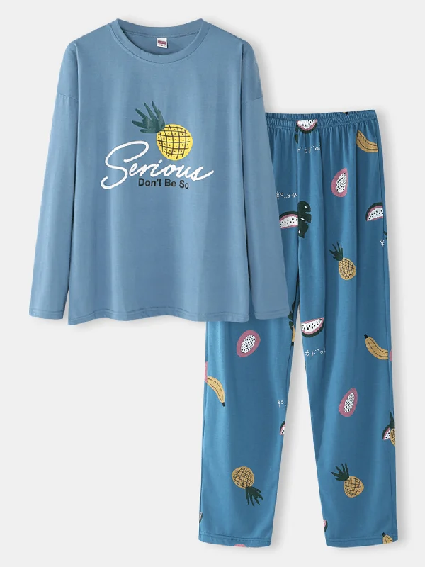 Women Cartoon Fruit Print O-Neck Loose Pants Cotton Comfy plus Size Home Pajamas Sets