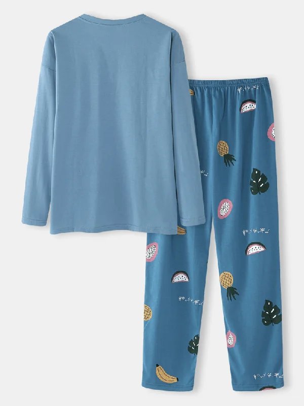 women-cartoon-fruit-print-o-neck-loose-pants-cotton-comfy-plus-size-home-pajamas-sets