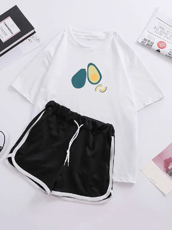 Women Casual Avocado Print Pajamas Set Short Sleeve Sleepwear