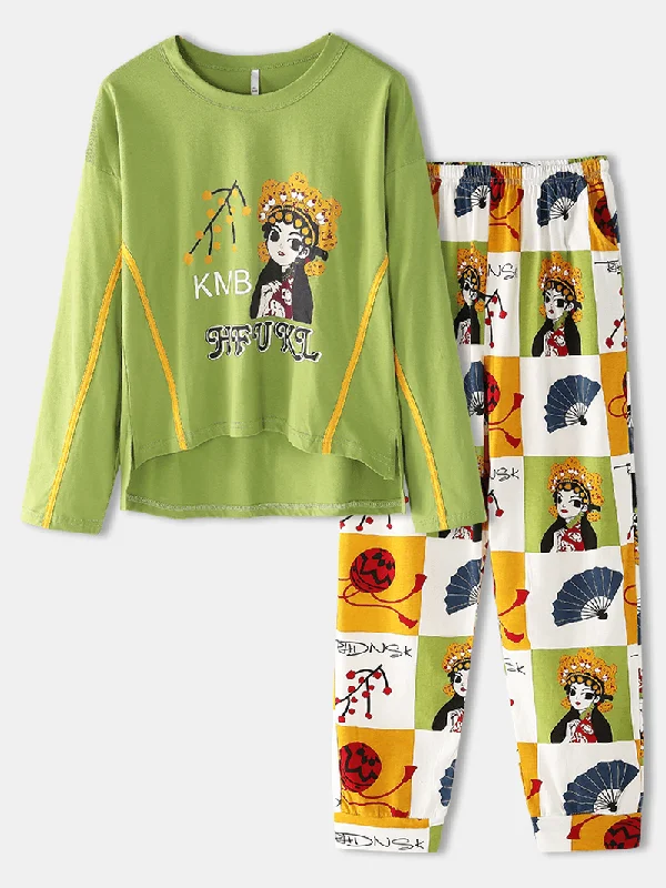 women-chinese-style-figure-letter-print-round-neck-long-sleeve-elastic-waist-home-pajama-set