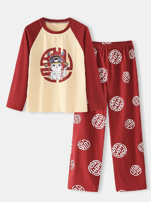 women-chinese-style-funny-cat-print-long-sleeve-raglan-sleeves-top-elastic-waist-home-pants-pajama-set