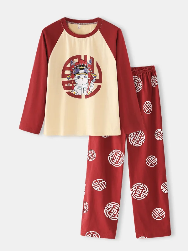 women-chinese-style-funny-cat-print-long-sleeve-raglan-sleeves-top-elastic-waist-home-pants-pajama-set