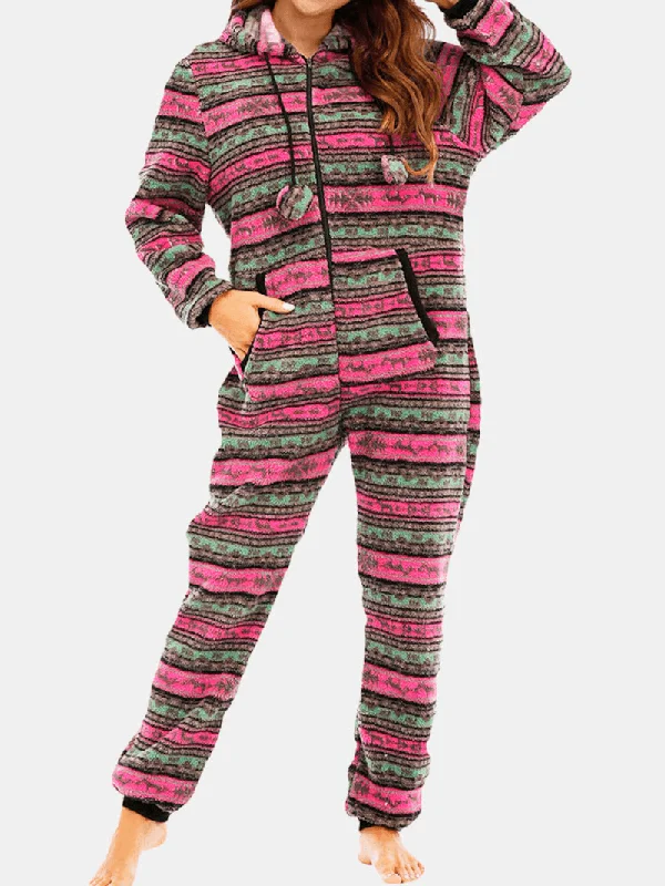 Women Christmas Fleece Striped Home Drawstring Long Sleeve One Sets Hooded Pajamas