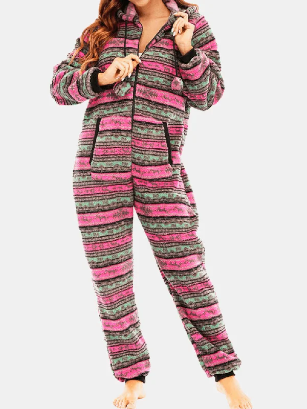 women-christmas-fleece-striped-home-drawstring-long-sleeve-one-sets-hooded-pajamas