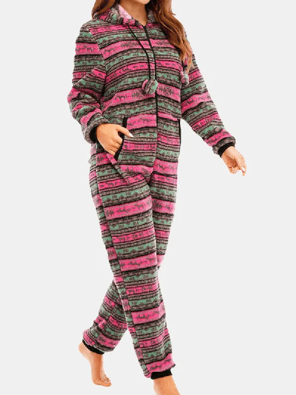 women-christmas-fleece-striped-home-drawstring-long-sleeve-one-sets-hooded-pajamas