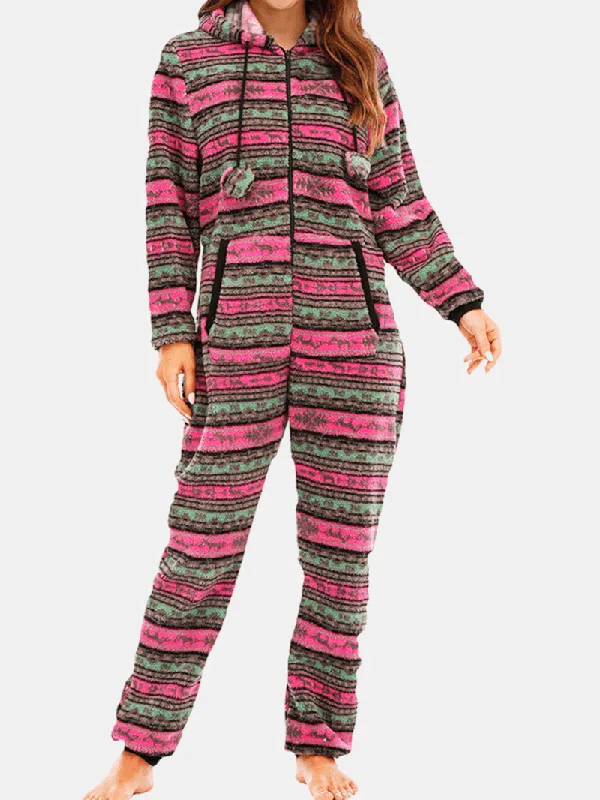 women-christmas-fleece-striped-home-drawstring-long-sleeve-one-sets-hooded-pajamas