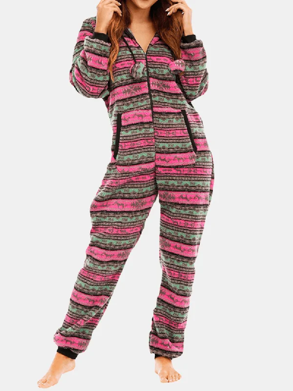 women-christmas-fleece-striped-home-drawstring-long-sleeve-one-sets-hooded-pajamas