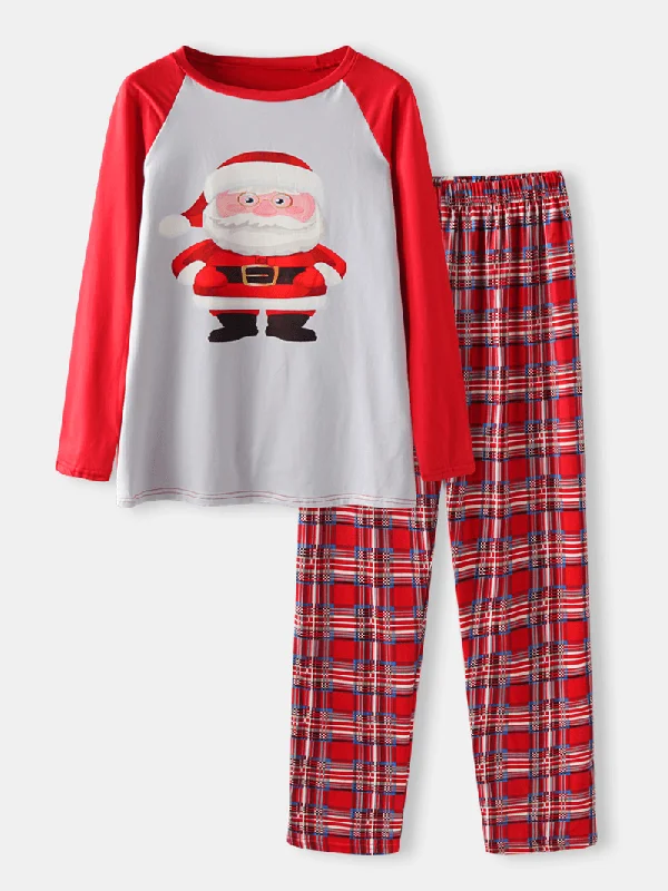 Women Christmas Santa Claus Print Pullover Plaid Elastic Waist Pants Home Casual Pajama Set