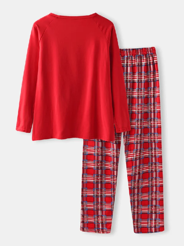 women-christmas-santa-claus-print-pullover-plaid-elastic-waist-pants-home-casual-pajama-set