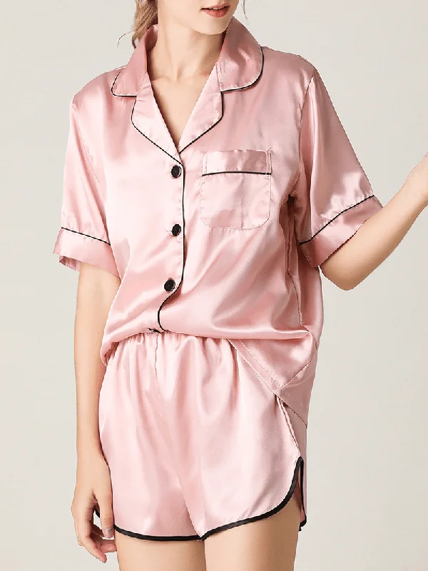 Women Colorful Striped Button up Revere Collar Pocket Home Ice Silk Pajama Set