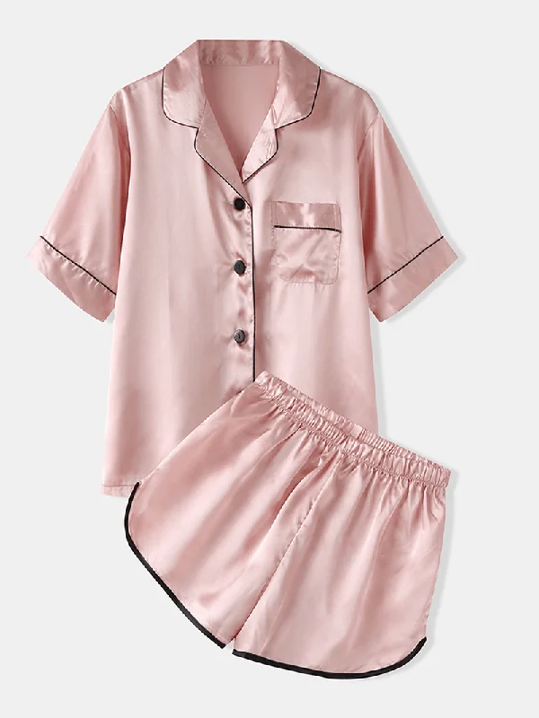 women-colorful-striped-button-up-revere-collar-pocket-home-ice-silk-pajama-set