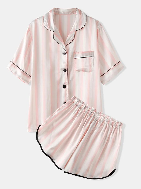 women-colorful-striped-button-up-revere-collar-pocket-home-ice-silk-pajama-set