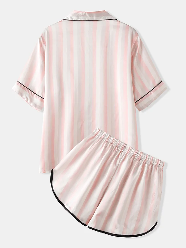 women-colorful-striped-button-up-revere-collar-pocket-home-ice-silk-pajama-set