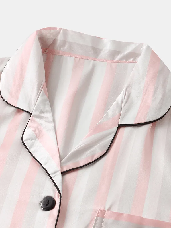 women-colorful-striped-button-up-revere-collar-pocket-home-ice-silk-pajama-set