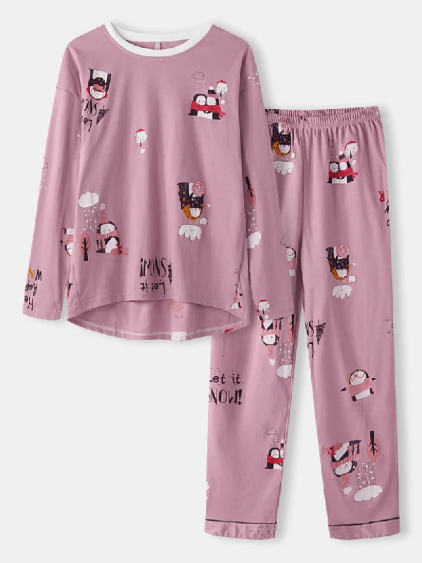 Women Cute Cartoon Pattern Print O-Neck Two-Piece Loose Home Pajamas Sets