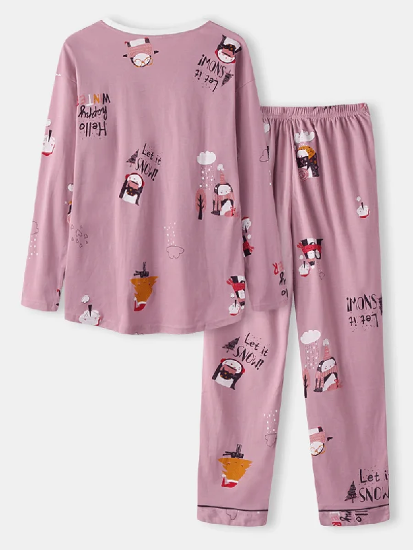 women-cute-cartoon-pattern-print-o-neck-two-piece-loose-home-pajamas-sets