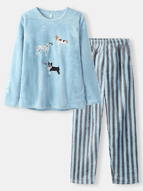 Women Cute Dogs Embroidery Flannel Thick Striped Pants O-Neck Warm Pajamas Sets