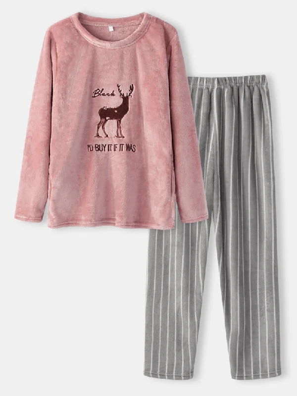 Women Flannel Thick Deer Embroidery O-Neck Striped Pants Home Casual Warm Pajamas Sets