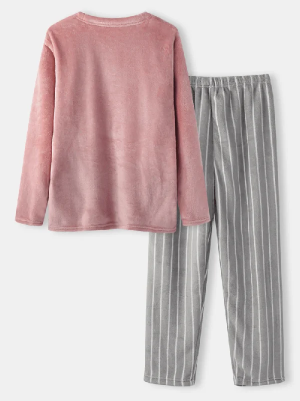 women-flannel-thick-deer-embroidery-o-neck-striped-pants-home-casual-warm-pajamas-sets