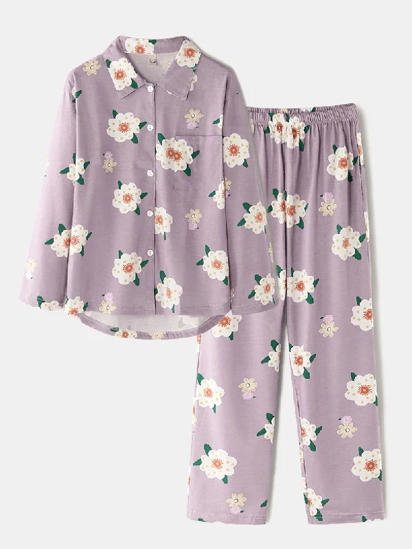 Women Floral Print Lapel Shirt Elastic Waist Pocket Loose Pants Home Pajama Set Sleepwear