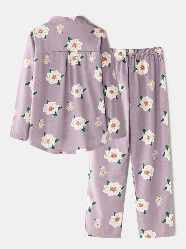 women-floral-print-lapel-shirt-elastic-waist-pocket-loose-pants-home-pajama-set-sleepwear