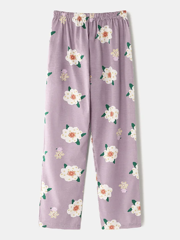 women-floral-print-lapel-shirt-elastic-waist-pocket-loose-pants-home-pajama-set-sleepwear