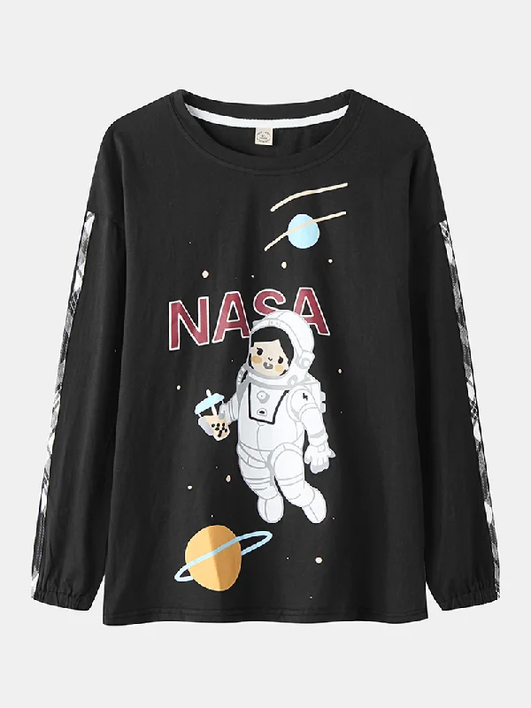 women-girl-astronaut-print-round-neck-cotton-cuffed-pajamas-sets-with-plaid-pants