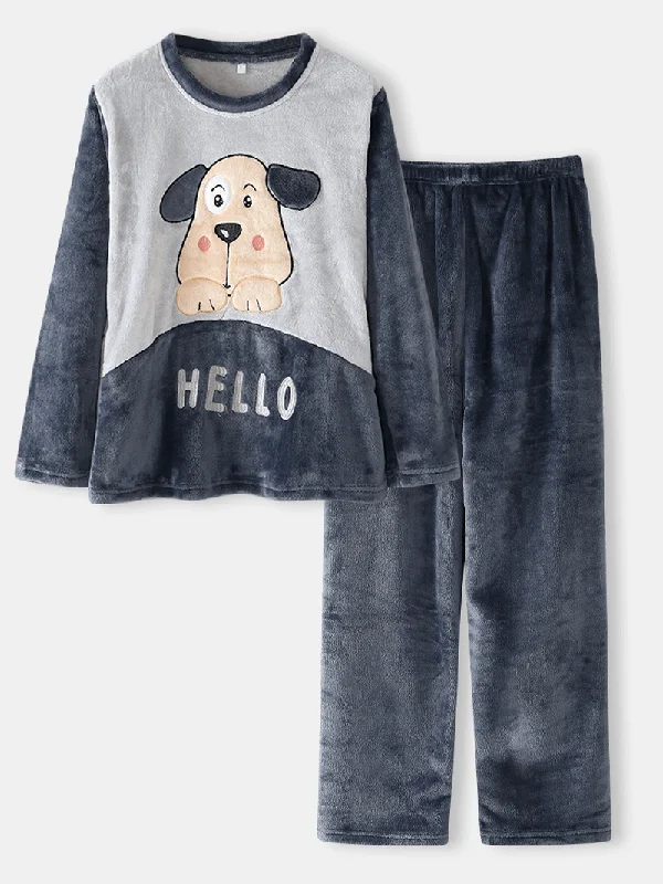 Women Hello Cartoon Dog Pattern Side Pocket Top Plush Home Casual Pajama Set