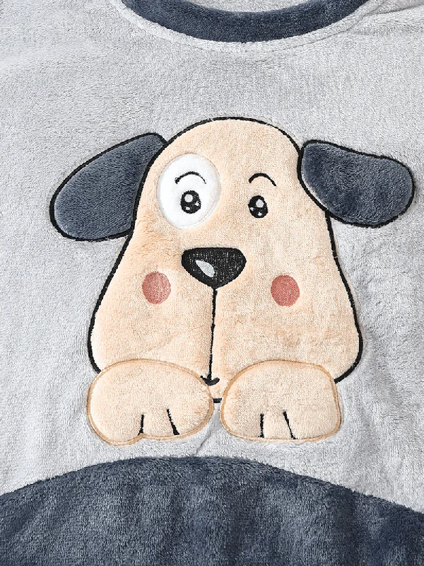 women-hello-cartoon-dog-pattern-side-pocket-top-plush-home-casual-pajama-set