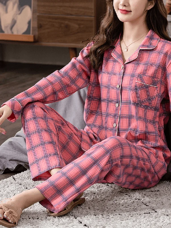 Women Plaid Print Revere Collar Chest Pocket Shirt Elastic Waist Pants Two Piece Pajama Set