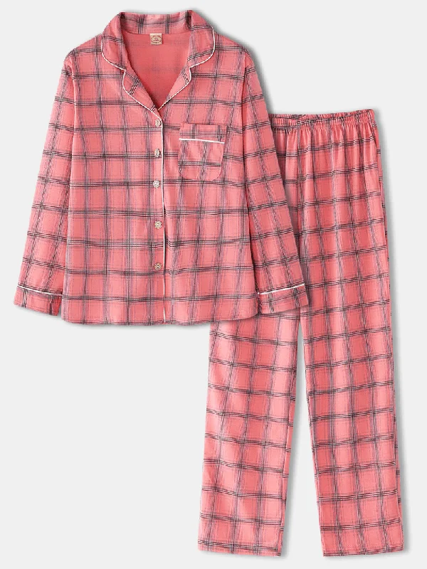 women-plaid-print-revere-collar-chest-pocket-shirt-elastic-waist-pants-two-piece-pajama-set