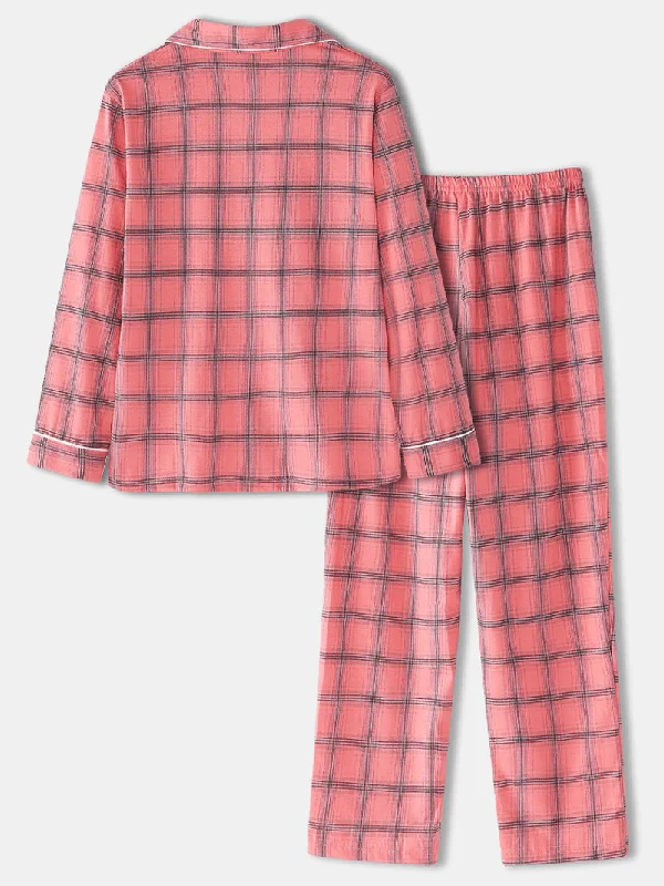 women-plaid-print-revere-collar-chest-pocket-shirt-elastic-waist-pants-two-piece-pajama-set