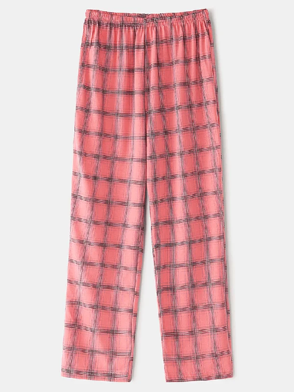 women-plaid-print-revere-collar-chest-pocket-shirt-elastic-waist-pants-two-piece-pajama-set