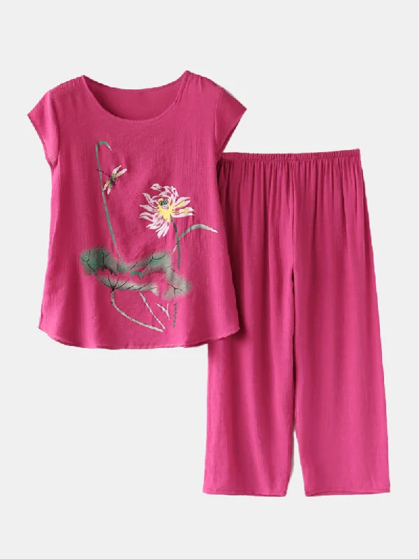 women-plants-print-plus-size-pajamas-soft-breathable-summer-loungewear