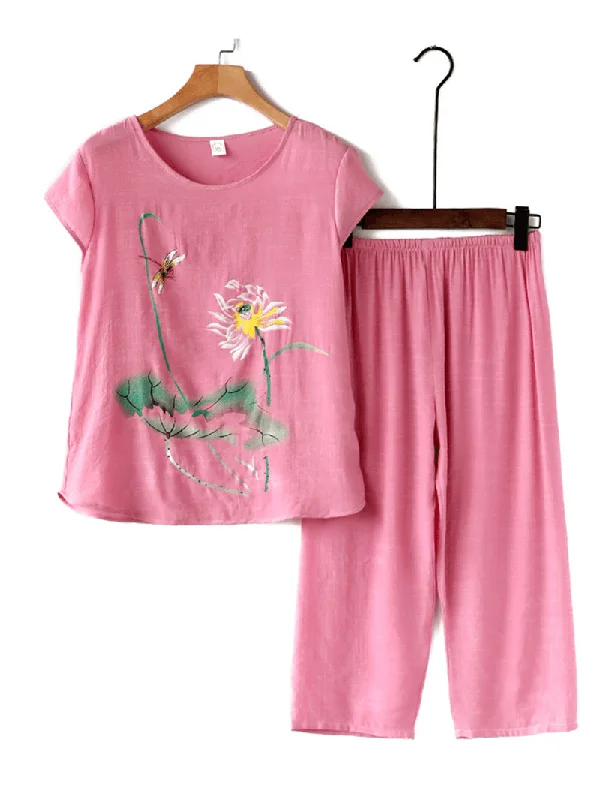 women-plants-print-plus-size-pajamas-soft-breathable-summer-loungewear