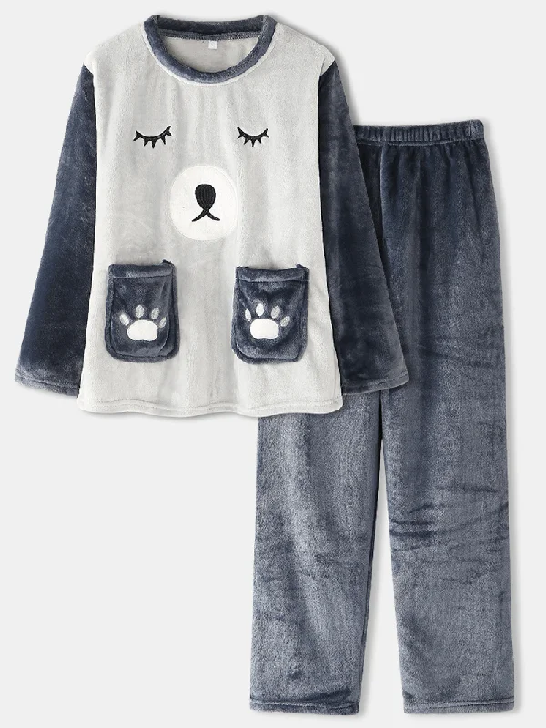 women-plus-size-cute-cartoon-bear-flannel-double-pockets-thick-warm-home-pajamas-set