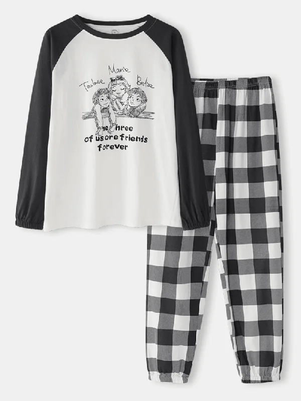 Women Raglan Sleeve Cartoon Cotton Plaid Jogging Pants Casual Home Pajamas Set