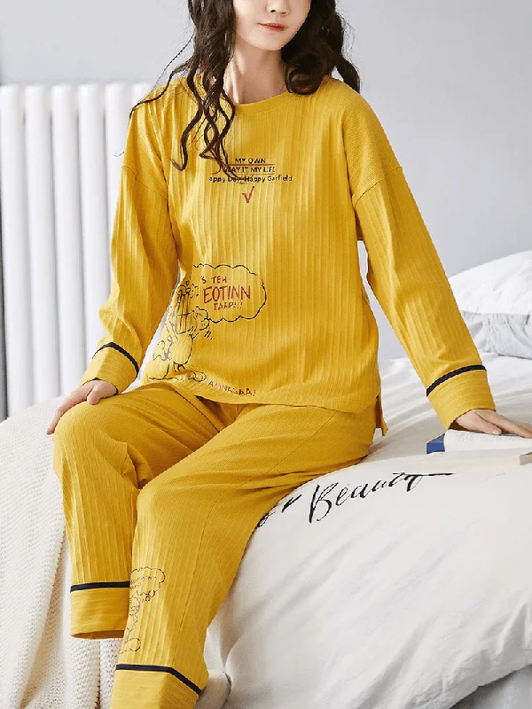 Women Ribbed Letter Print Cartoon Graffiti Pullover Elastic Waist Pocket Home Casual Yellow Pajama Set