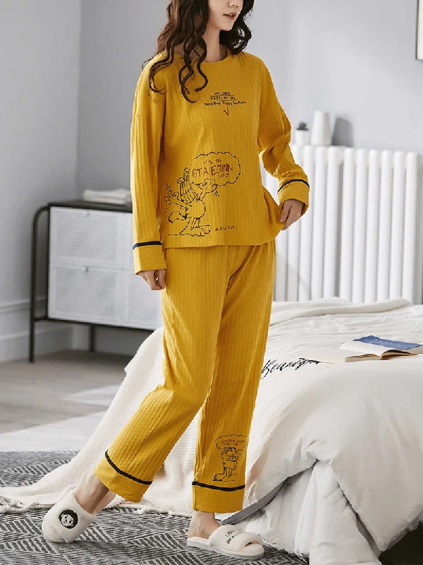 women-ribbed-letter-print-cartoon-graffiti-pullover-elastic-waist-pocket-home-casual-yellow-pajama-set