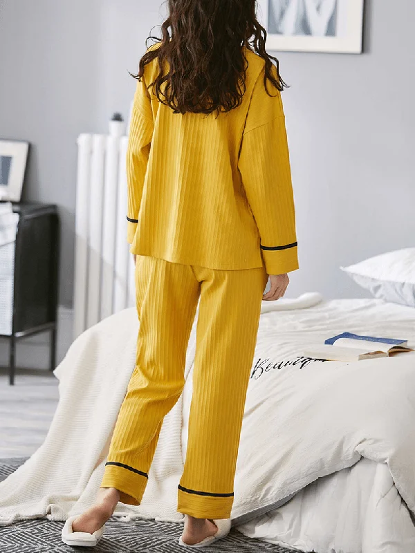 women-ribbed-letter-print-cartoon-graffiti-pullover-elastic-waist-pocket-home-casual-yellow-pajama-set