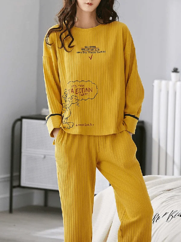 women-ribbed-letter-print-cartoon-graffiti-pullover-elastic-waist-pocket-home-casual-yellow-pajama-set